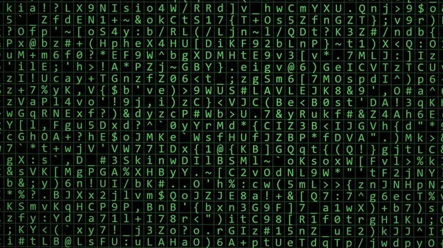 Encryption and digital security concept, flickering digital symbols in green, abstract background or backdrop