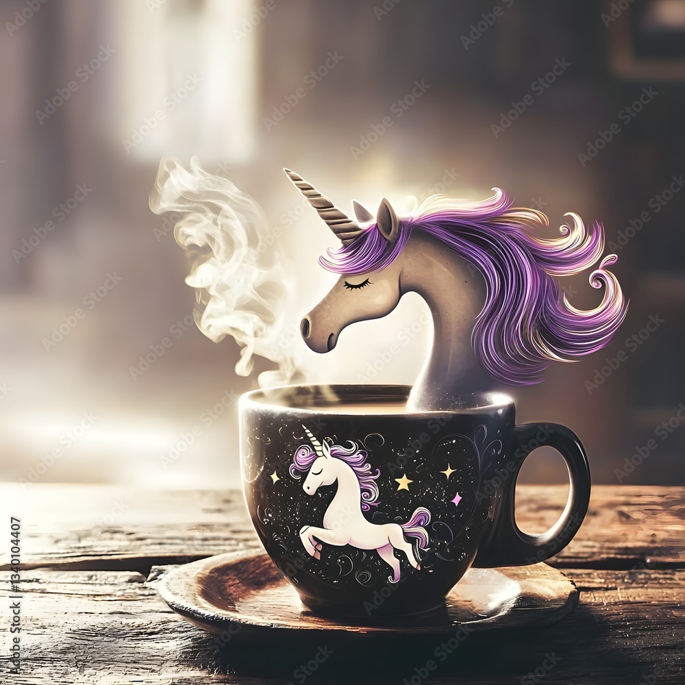 Poster adorable unicorn coffee mug resting on a rustic wooden table with soft lighting and playful design e
