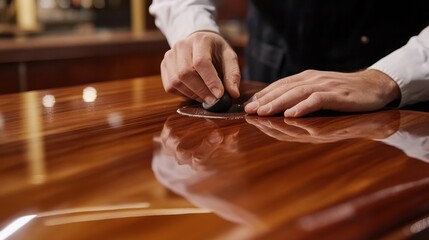 A person is polishing a wooden surface with an applicator
