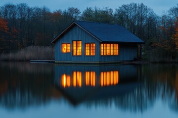 Fototapeta premium A small lake house with reflections of its glowing windows dancing on the calm water at twilight