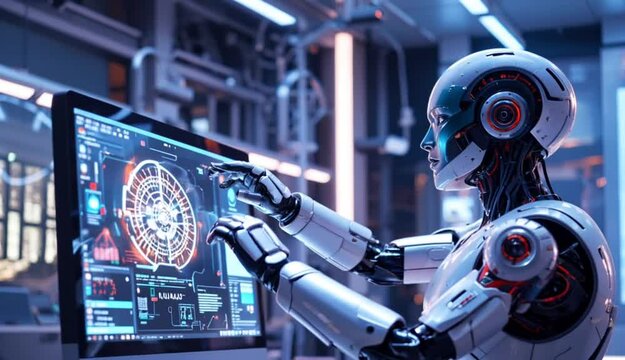 humanoid robot operating a modern digital computer