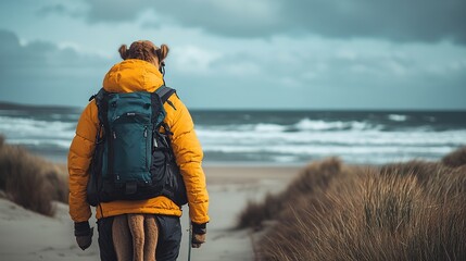 Person with backpack walks on a sandy beach