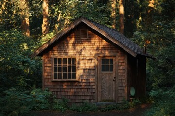A small wooden cottage with a shingle roof, surrounded by dense forest and illuminated by golden hour sunlight