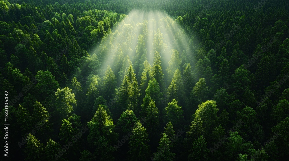 Poster majestic forest setting with beautiful light streaming from above creating a dreamlike atmosphere of