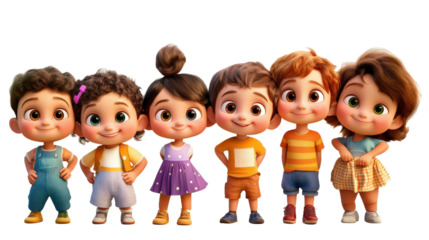 A group of children are standing in a row, with one of them holding a small dog