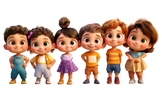 A group of children are standing in a row, with one of them holding a small dog