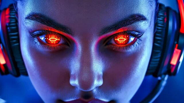 Futuristic gamer with glowing eyes and headset