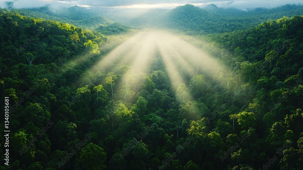 Poster serene forest scene with soft sunbeam breaking through the canopy creating a warm and inviting natur