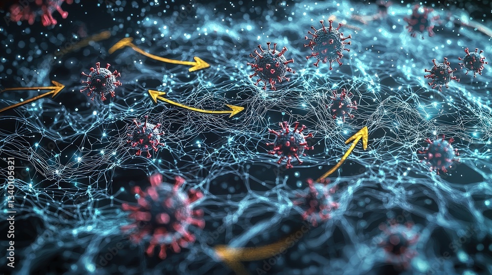 Poster dynamic virus spread representation with red and blue colors in a complex network