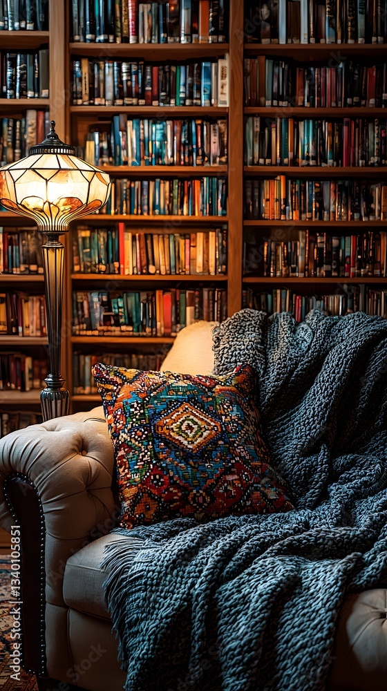 Poster elegant couch in a library surrounded by books with a vintage art deco lamp casting a soft light for