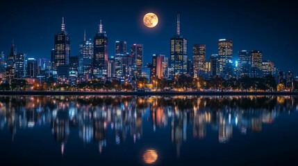 Night view of a city skyline with a full moon and reflections.
