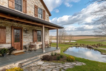 A stone farmhouse with rustic charm, wooden shutters, and a porch overlooking a tranquil pond