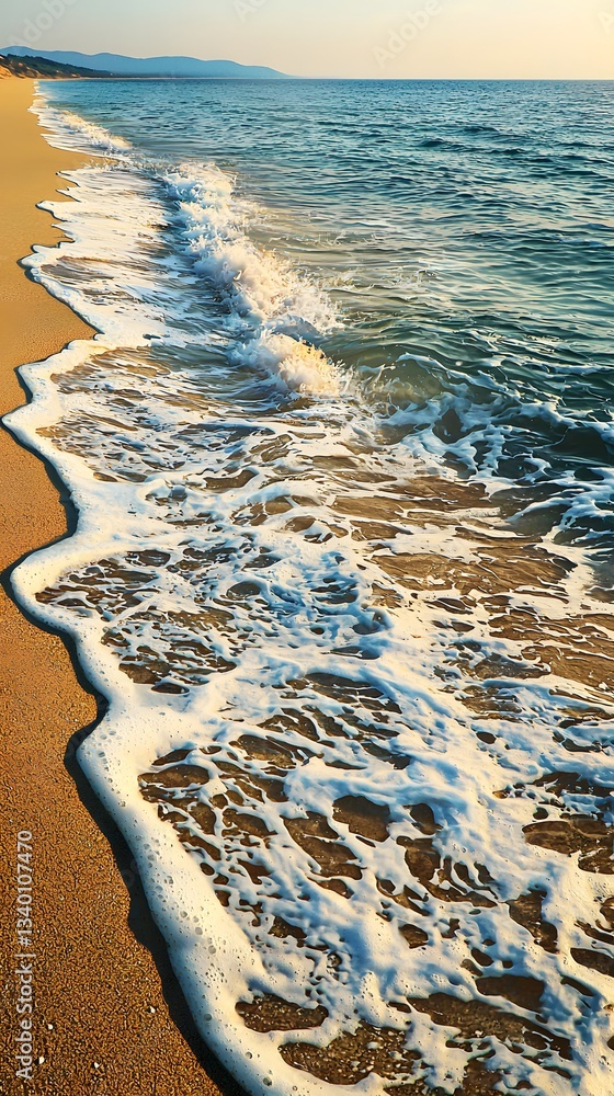 Poster captivating beach view with waves crashing dramatically on the shoreline creating artistic patterns 