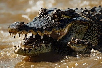 Obraz premium A crocodile carries its hatchlings safely to the river