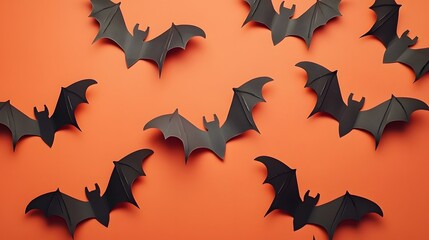 Naklejka premium A group of bats captured in silhouette form against an orange background emphasizing the whimsical nature of halloween