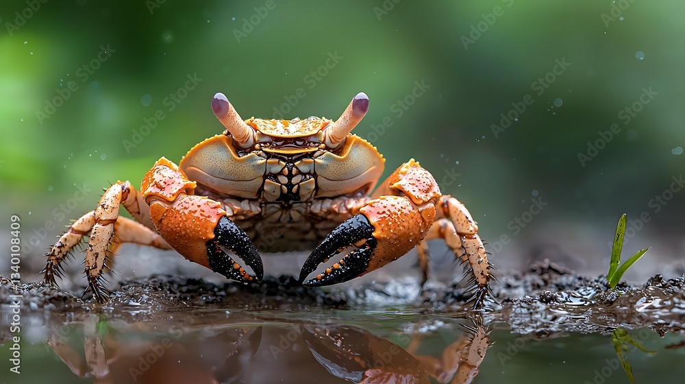 Aufkleber fiddler crab waving its oversized claw in territorial display on muddy shoreline close up photograph