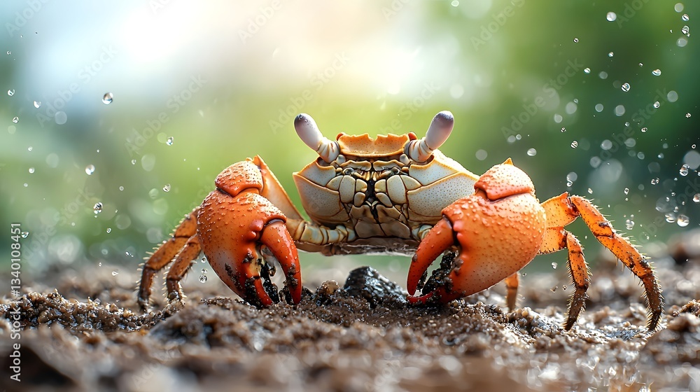 Aufkleber close up view of a fiddler crab waving its oversized claw in a territorial display on a muddy shorel