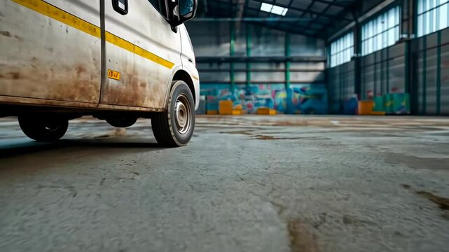 Abandoned vehicle in a decaying industrial warehouse