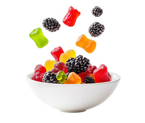 Colorful Gummy Bears and Blackberries in a Bowl