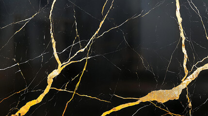 A black and gold marble wall with a lot of cracks and splinters. AI Generated