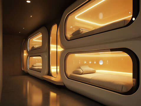 Futuristic capsule hotel with cozy, illuminated sleeping pods.