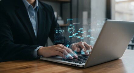 Project management tool concept. Business people use laptop to manager working projects and update task with chart schedule to Business plan and progress. Planning software