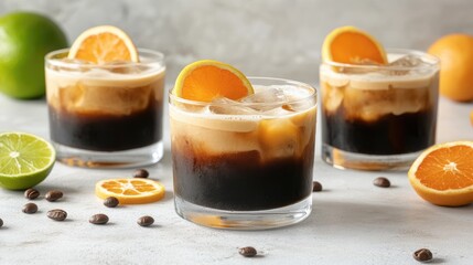 A glass of iced coffee with floating citrus slices for a refreshing twist