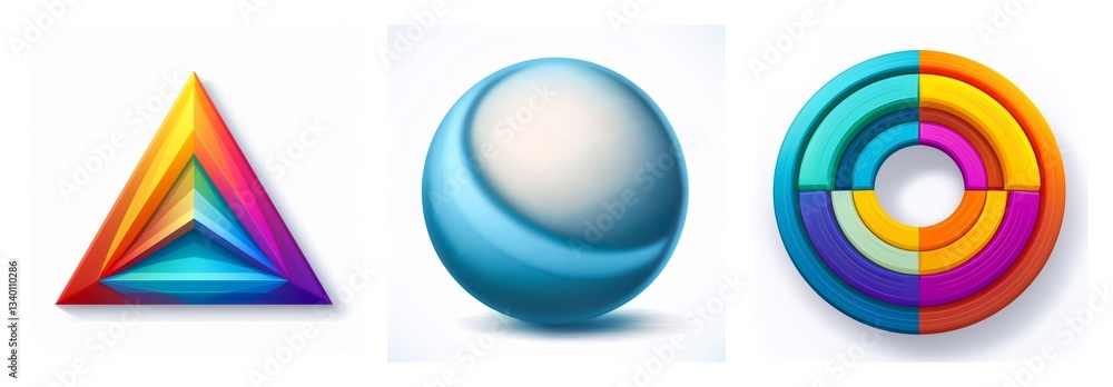 Poster vibrant image displaying three dimensional shapes. a layered triangle, a glossy sphere, and a segmen