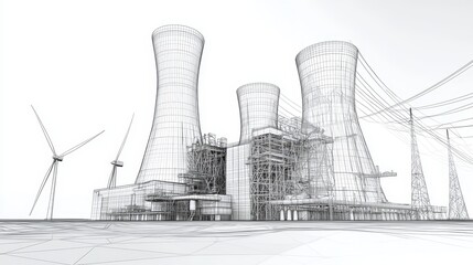 Construction sketch nuclear power plant with chimneys, construction details. black sketch on white background. 
