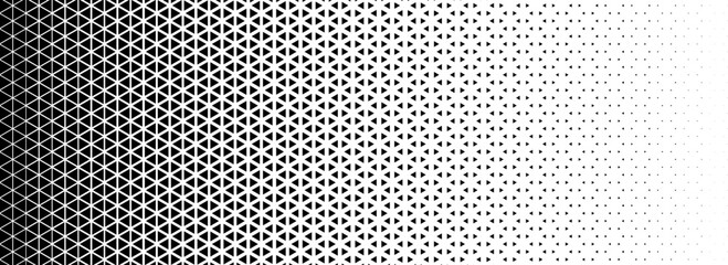 Triangle halftone gradient texture. Geometric triangular tech pattern background. Black abstract vanishing gradation wallpaper. Vector fading mosaic pop art backdrop for poster, banner, booklet, flyer