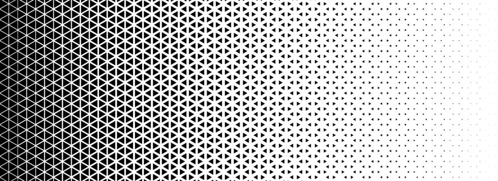 Triangle halftone gradient texture. Geometric triangular tech pattern background. Black abstract vanishing gradation wallpaper. Vector fading mosaic pop art backdrop for poster, banner, booklet, flyer
