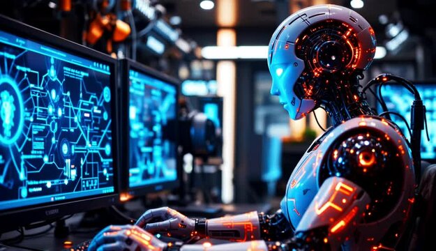 humanoid robot operating a modern digital computer