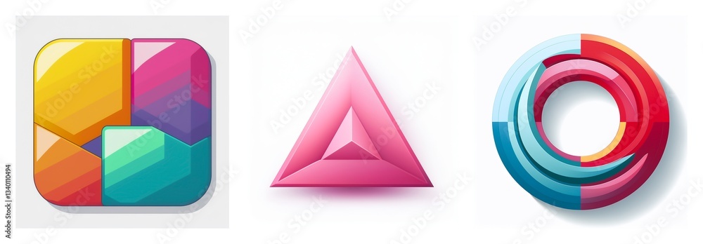 Poster three glossy shapes: a colorful square puzzle, a pink pyramid, and a segmented circular form. geomet