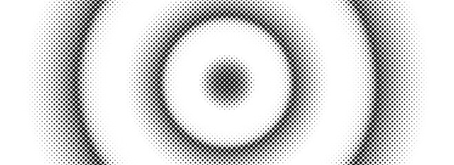 Halftone concentric circle background. Dotted circular gradient. Radial fading comic texture. Black and white rough gritty wallpaper. Grunge round pop art backdrop. Vector dot line epicenter concept