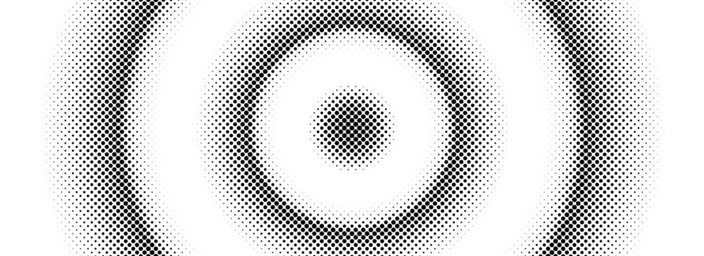 Halftone concentric circle background. Dotted circular gradient. Radial fading comic texture. Black and white rough gritty wallpaper. Grunge round pop art backdrop. Vector dot line epicenter concept