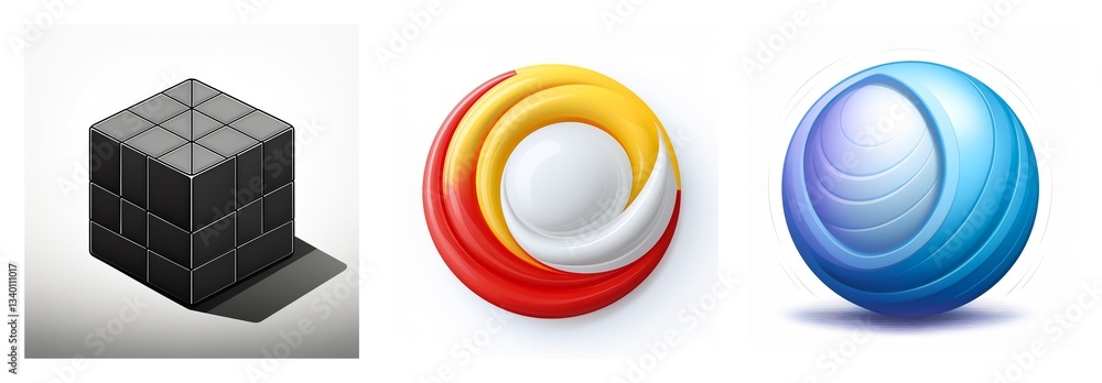 Poster three distinct shapes: a gray cube casting a shadow, a swirling circle in red and yellow, and a smoo