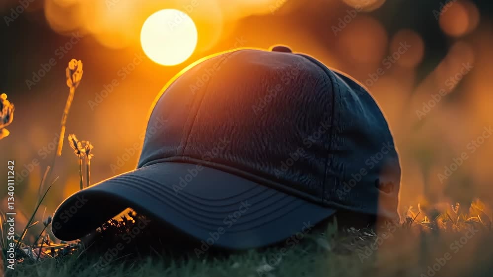 Poster sun setting behind a dark cap resting on grass during a warm evening