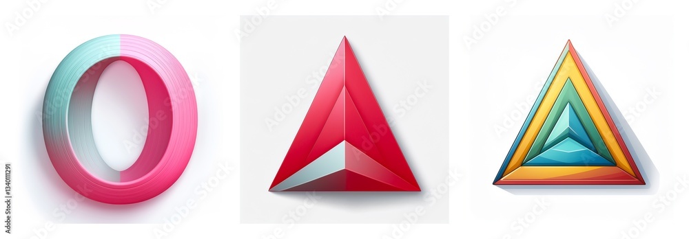 Aufkleber three geometric shapes are displayed: a gradient ring, a red triangle, and a colorful nested triangl