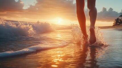 Person walking barefoot along a beach at sunset, creating splashes.