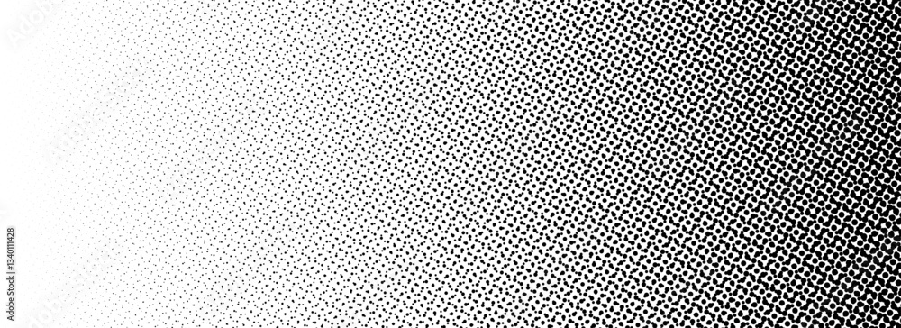 Poster Black halftone gradient background. Fading overlapping dotted half tone texture. Vanishing slanted polka dot backdrop. Raster pixel gradation pattern cover. Vector comic pop art overlay wallpaper