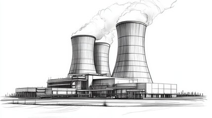 Nuclear power plant, detailed pencil sketch, black and white