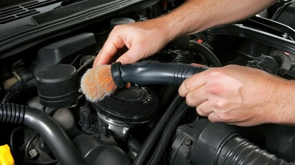 Obraz premium A mechanic using a soft brush to clean the inside of a throttle body