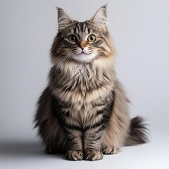 Obraz premium Curious Cat Standing on White Background with Playful Expression and Focused Eyes