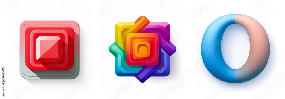 Poster three distinct shapes are displayed: a red square composed of squares, a multicolored square design,