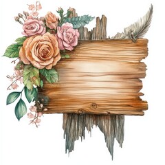 Rustic Wooden Sign Surrounded by Pink and Peach Roses and Green Leaves