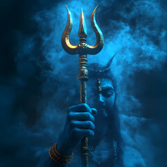 Divine Presence: Capturing the ethereal essence of a deity in this photorealistic image. The trident radiates, symbolizing power and spiritual authority amidst a dramatic, vaporous backdrop.