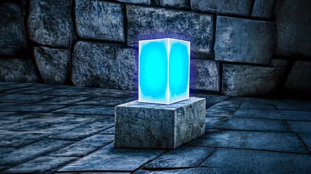 Illuminated blue ice cube in a dim stone chamber