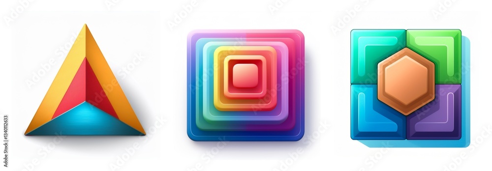 Poster three dimensional shapes in vibrant colors: a triangle, nested square layers, and a hexagon inside a