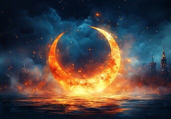Fototapeta premium Fiery Crescent Moon Floating Above Rough Waters and Distant Dark Towers
