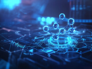 Futuristic digital interface with molecule structure hologram.